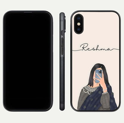 Mirror Mood Muse Custom Name Glass Case for iPhone X front & back layout showing personalized name placement