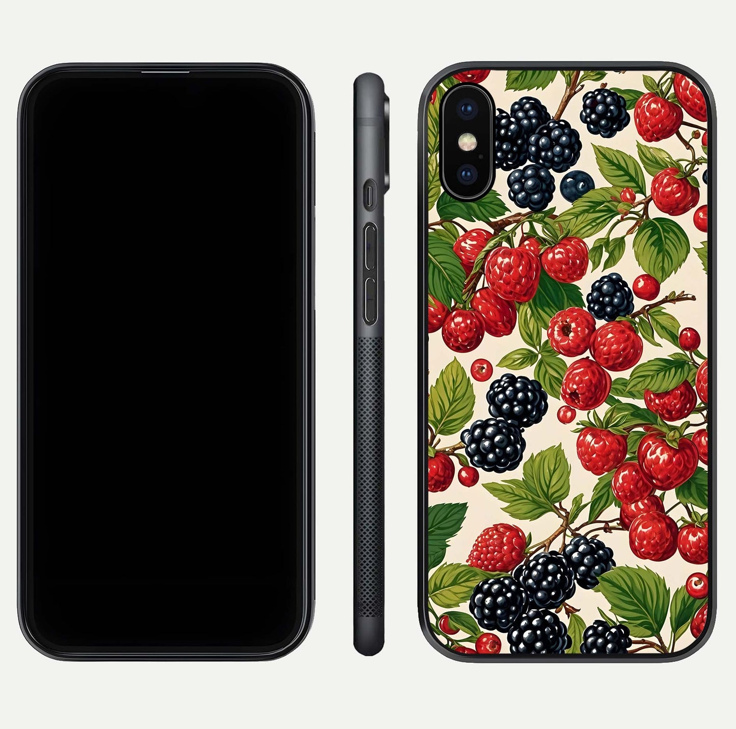Mixed Berry Collage Glass Case for iPhone X front & back layout highlighting colorful art and curved edges