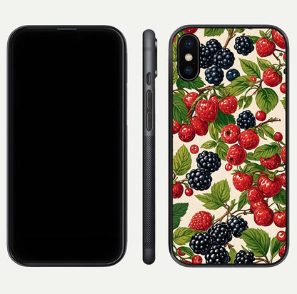 Mixed Berry Collage Glass Case for iPhone X front & back layout highlighting colorful art and curved edges