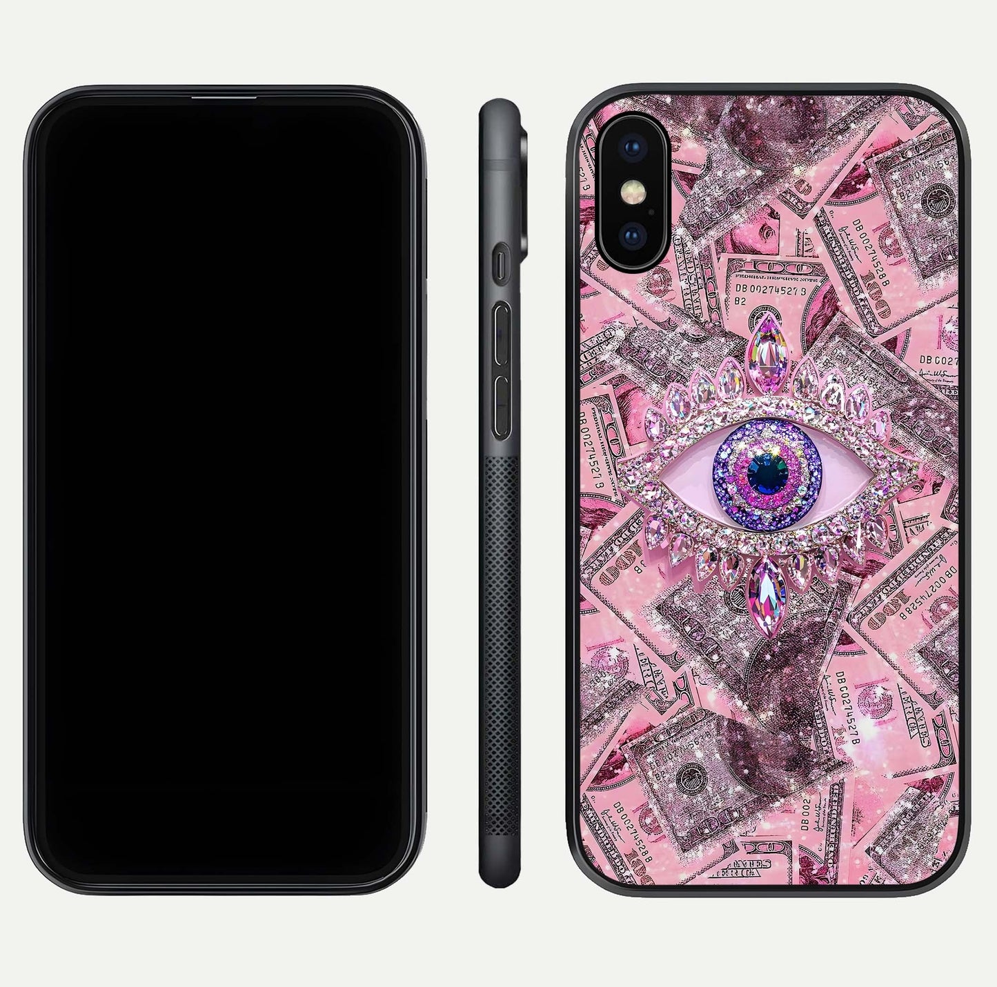 Money Eye Luxe Glass Case for iPhone X front & back layout highlighting luxury edge design and bold art