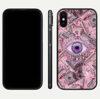 Money Eye Luxe Glass Case for iPhone X front & back layout highlighting luxury edge design and bold art