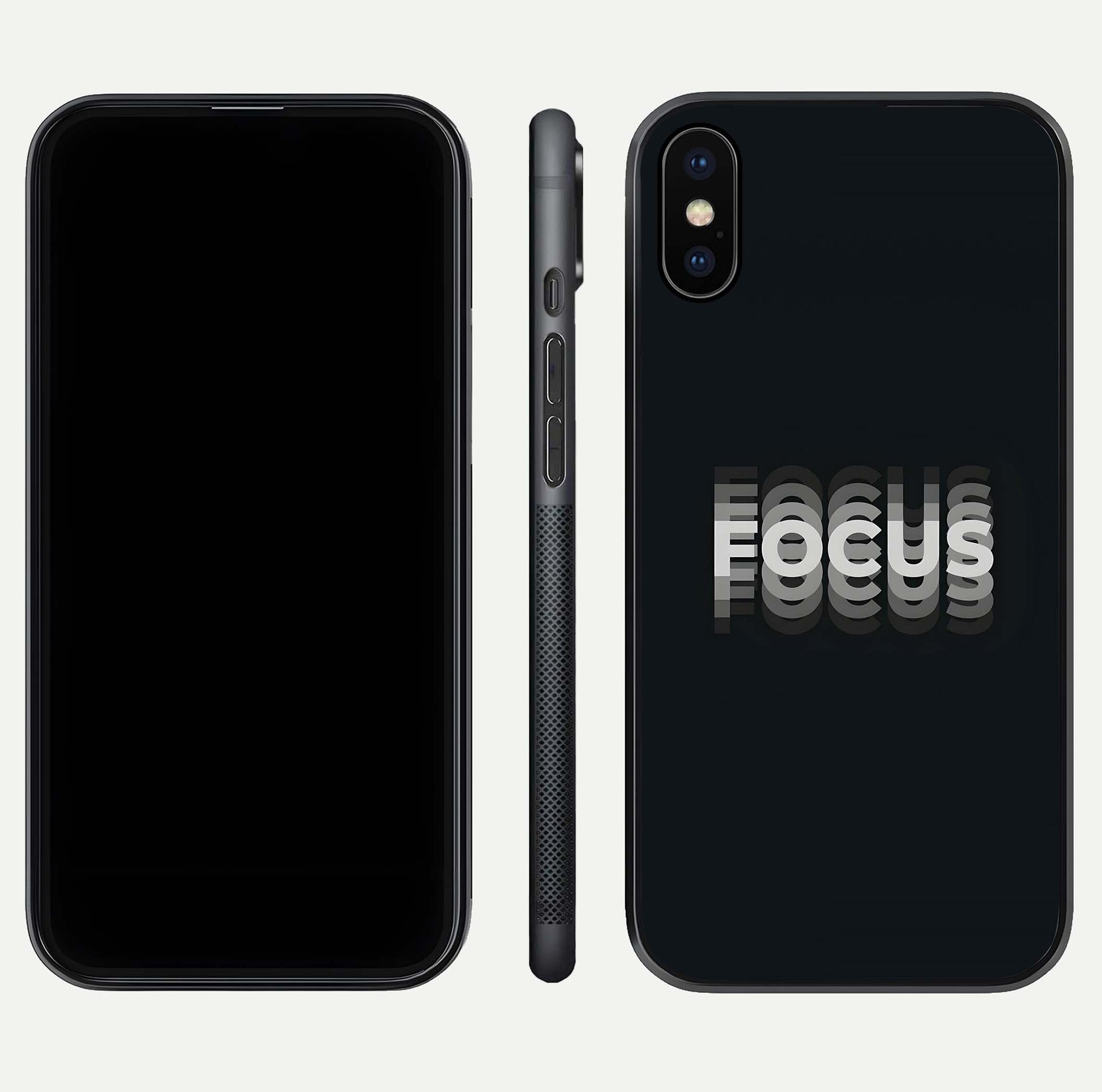 Mono Focus Vision Glass Case for iPhone X front & back layout showing clean focus lines and curved edges
