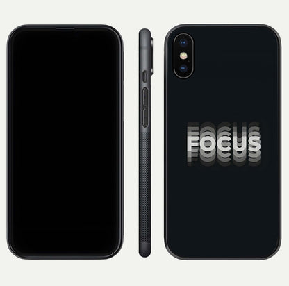 Mono Focus Vision Glass Case for iPhone X front & back layout showing clean focus lines and curved edges