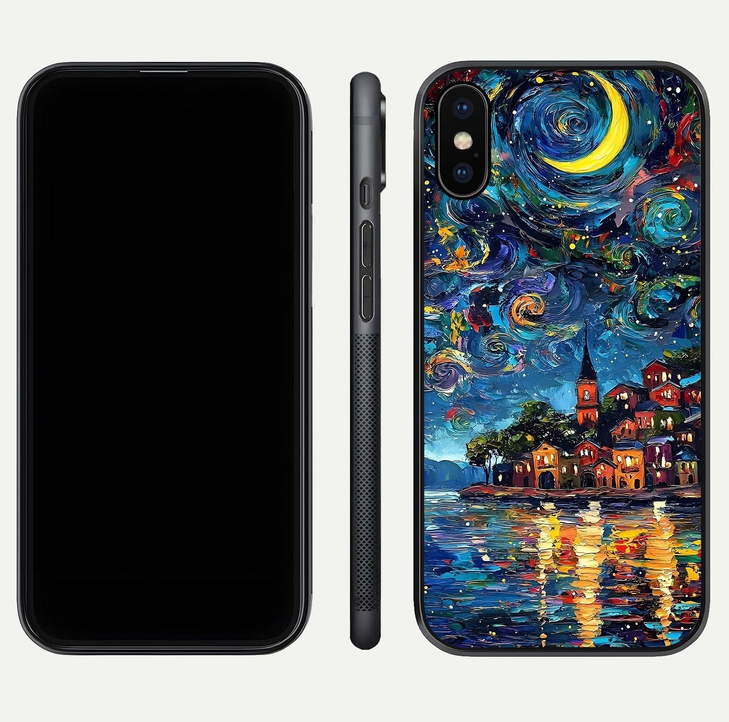 Moonlight Harbor Glow Glass Case for iPhone X front & back layout highlighting calm harbor tones