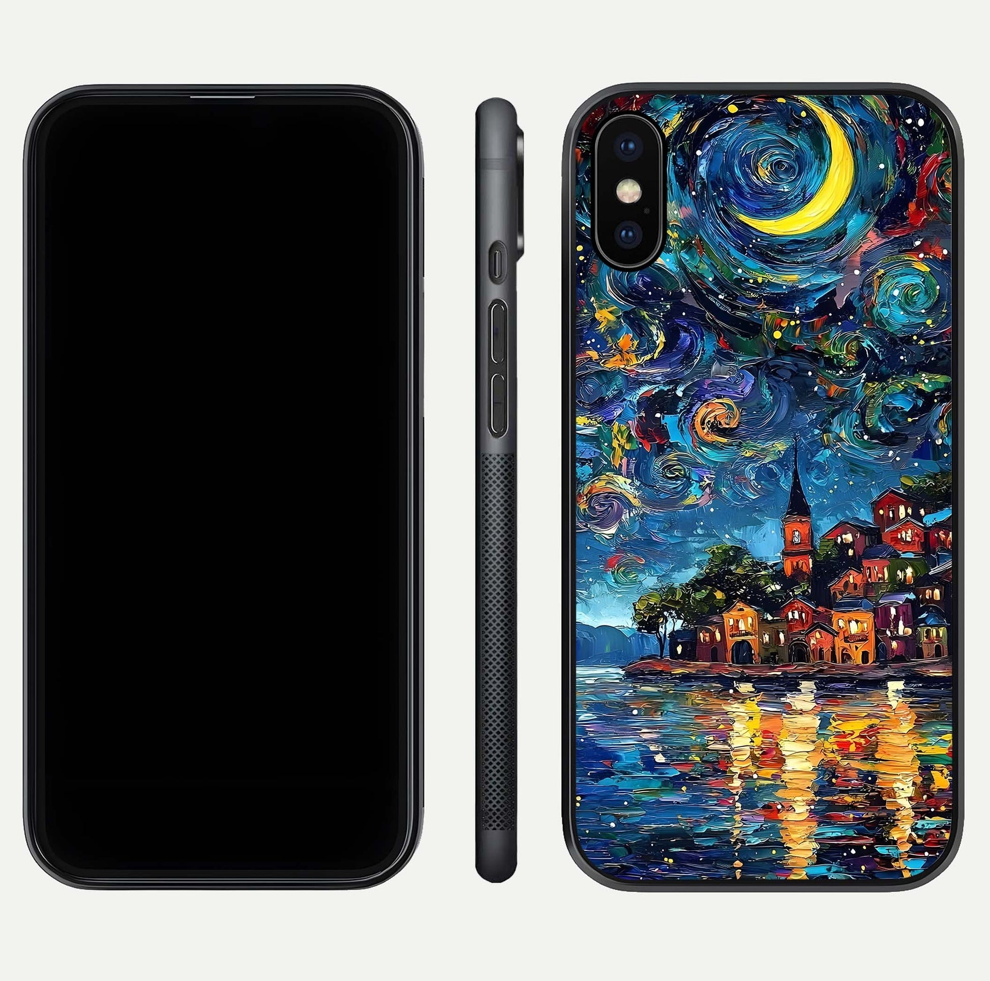 Moonlight Harbor Glow Glass Case for iPhone X front & back layout highlighting calm harbor tones