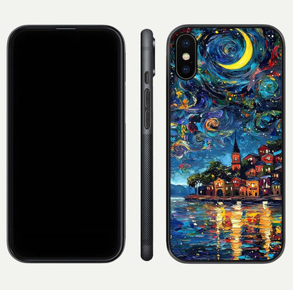Moonlight Harbor Glow Glass Case for iPhone X front & back layout highlighting calm harbor tones