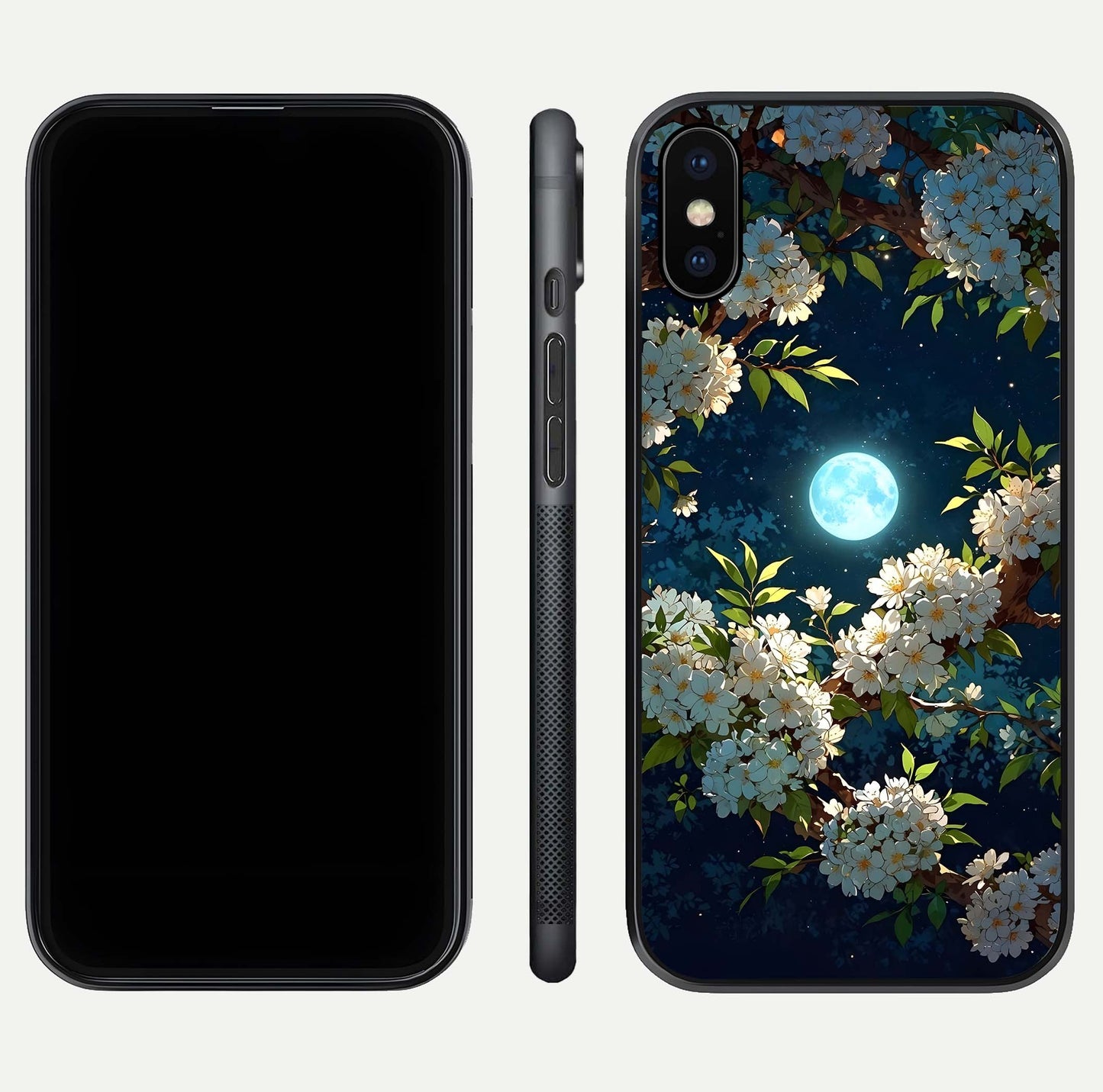 Moonlit Blossom Dream Glass Case for iPhone X front & back layout highlighting moonlit tones and edges