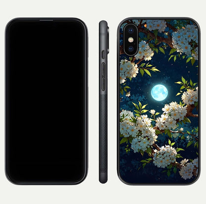 Moonlit Blossom Dream Glass Case for iPhone X front & back layout highlighting moonlit tones and edges