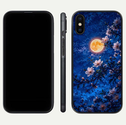 Moonlit Blossoms Night Glass Case for iPhone X front & back layout highlighting moonlit tones and curved edges