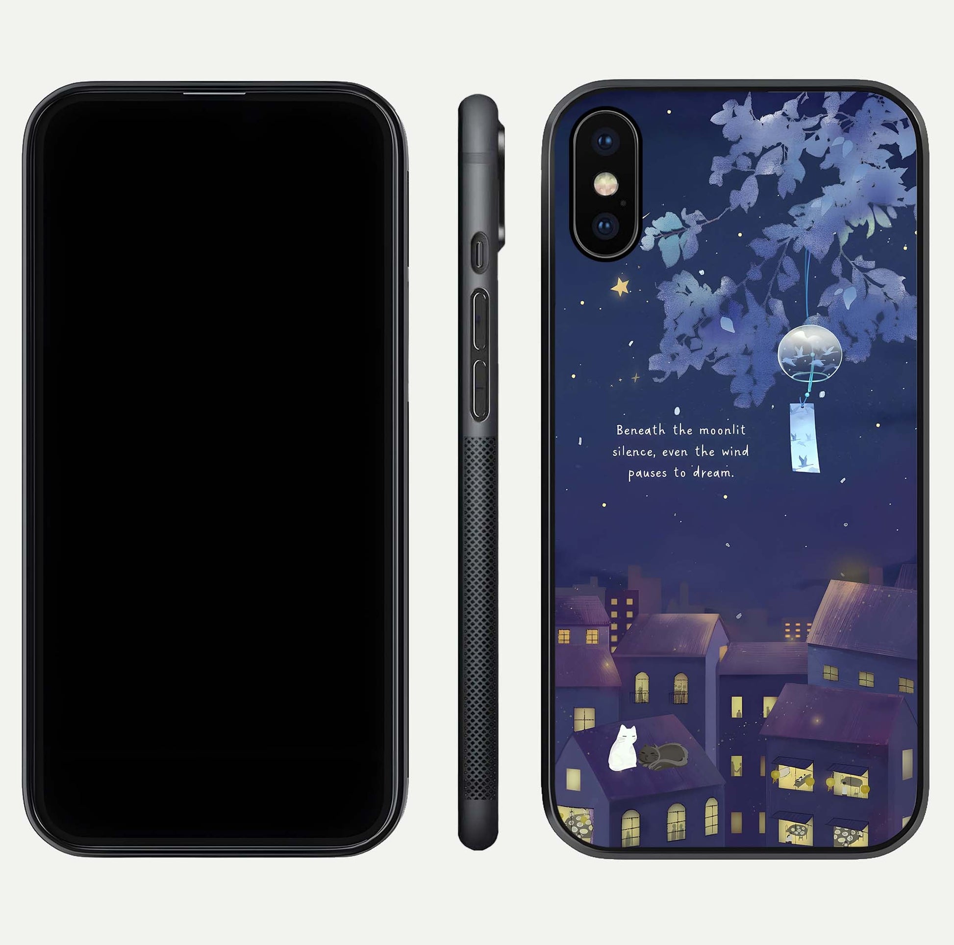 Moonlit Cat Silence Glass Case for iPhone X front & back layout highlighting calm tones and edge detail