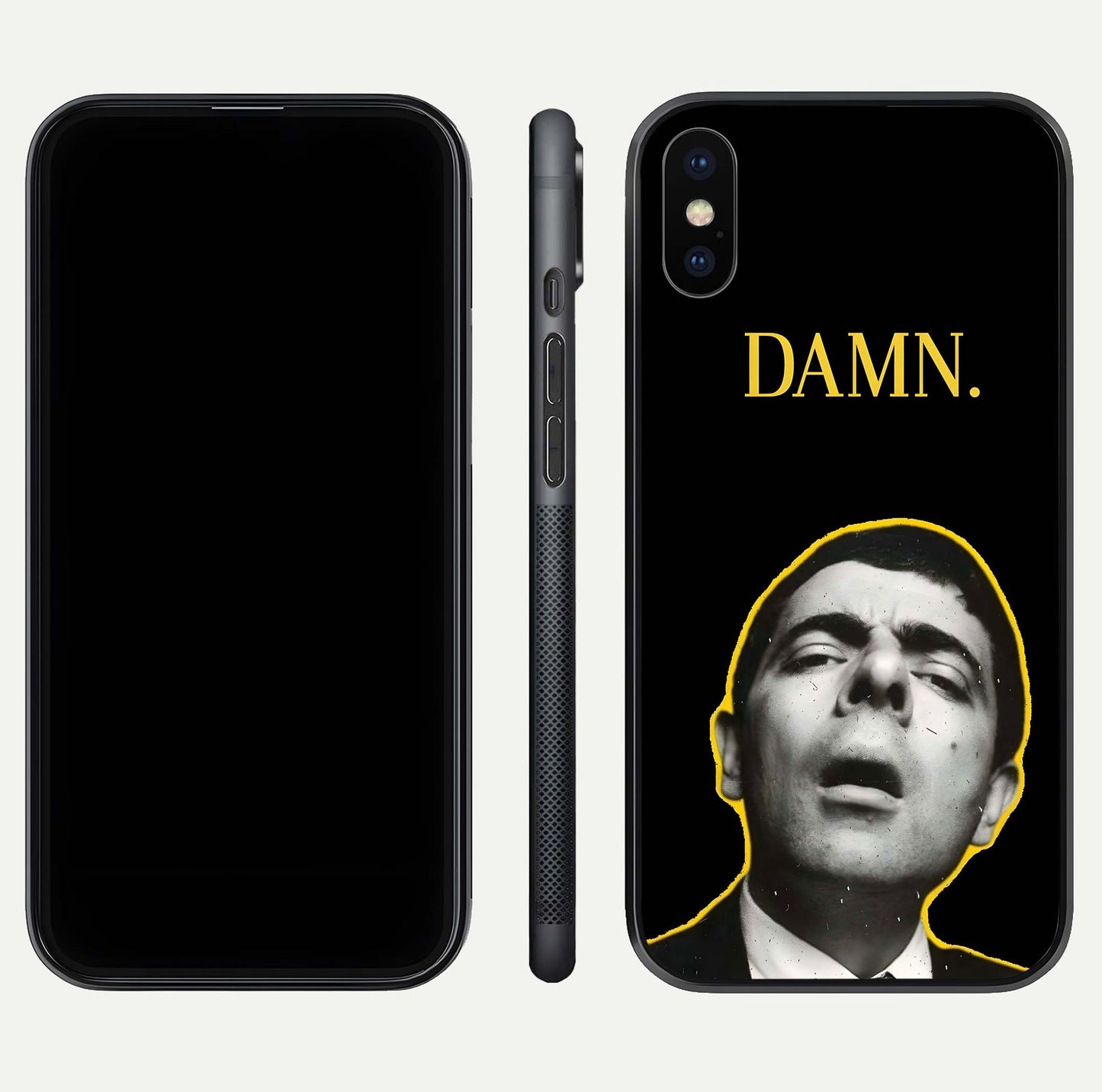 Mr Bean Damn Glass Case for iPhone X front & back layout displaying fun artwork and curved smooth edges