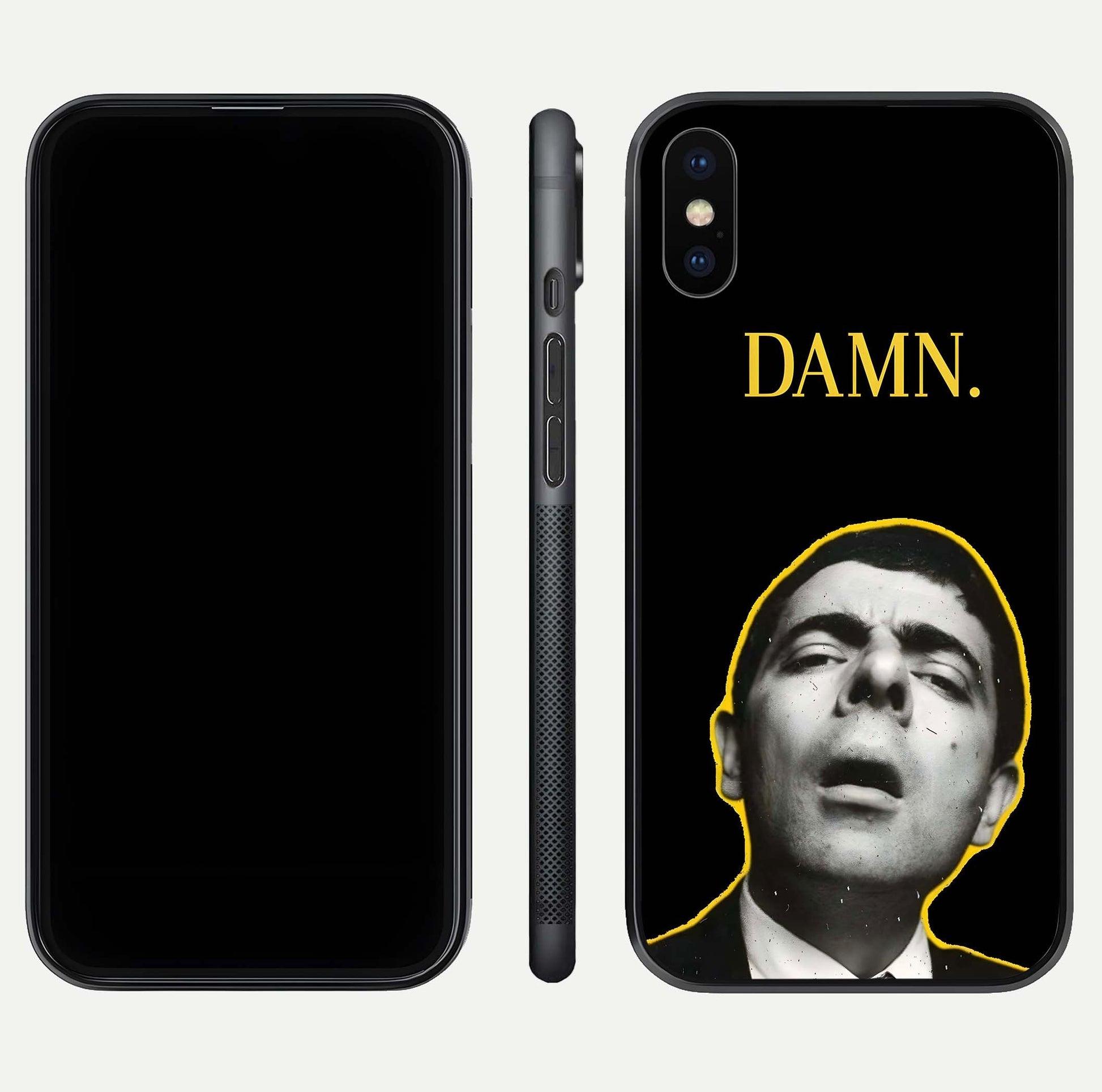 Mr Bean Damn Glass Case for iPhone X front & back layout displaying fun artwork and curved smooth edges
