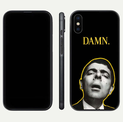 Mr Bean Damn Glass Case for iPhone X front & back layout displaying fun artwork and curved smooth edges