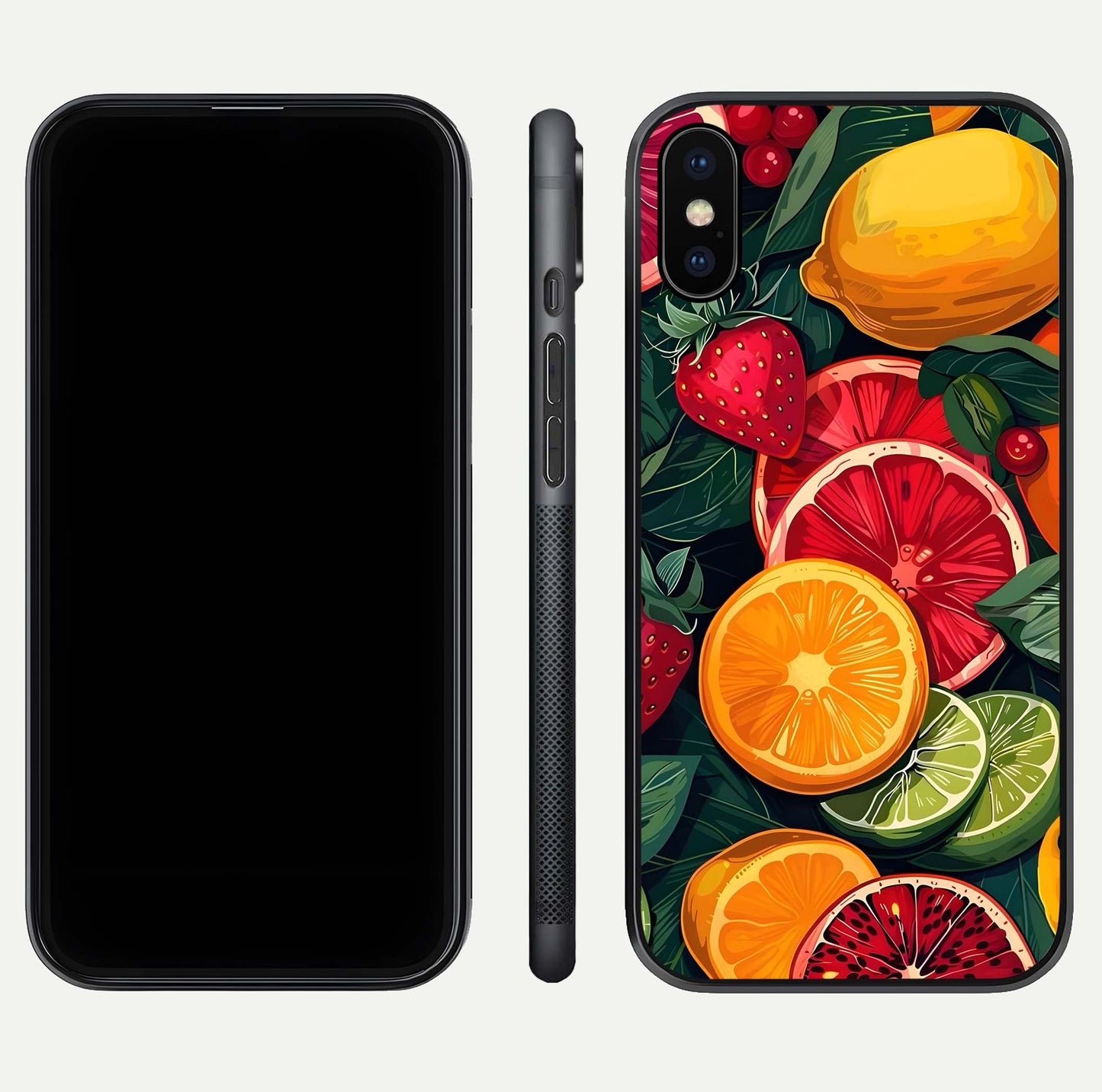 Multiple Fruits Glass Case for iPhone X front & back layout highlighting vibrant tones and curved edges