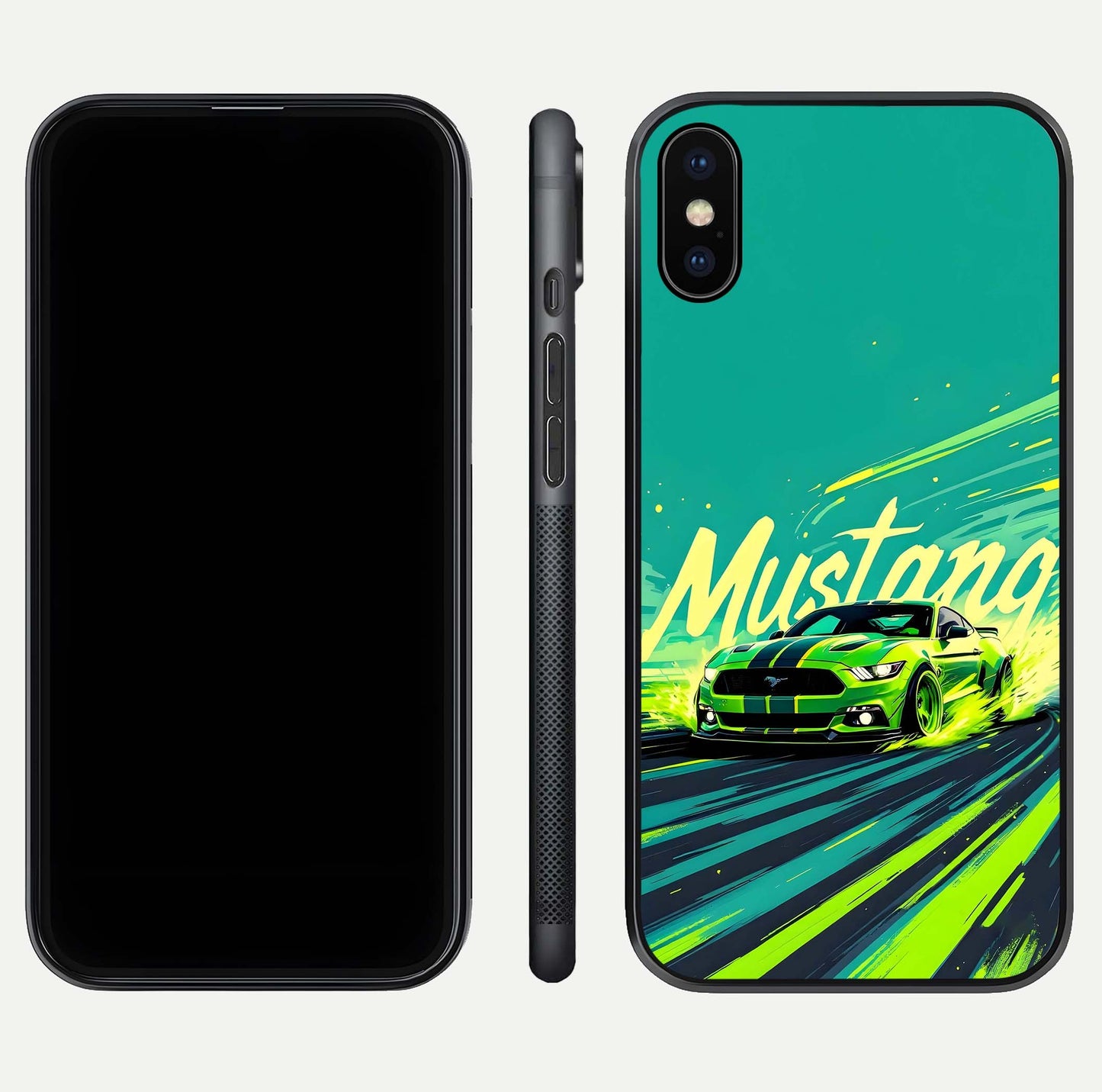 Mustang Bang Glass Case for iPhone X front & back layout highlighting dark automotive tones and edge detail