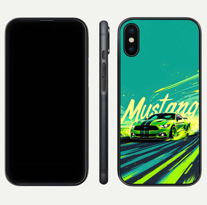 Mustang Bang Glass Case for iPhone X front & back layout highlighting dark automotive tones and edge detail
