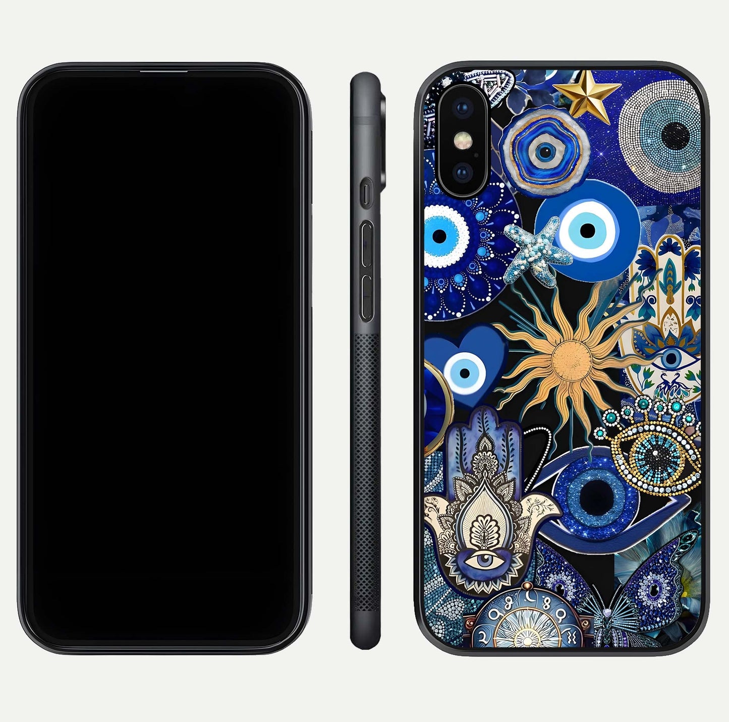 Mystic Blue Evil Eye Glass Case for iPhone X front & back layout showing elegant tones and edge finish