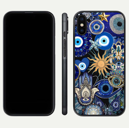 Mystic Blue Evil Eye Glass Case for iPhone X front & back layout showing elegant tones and edge finish