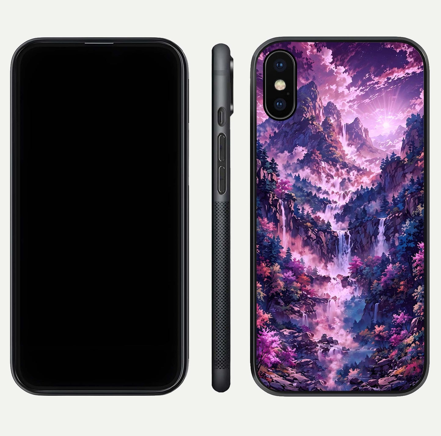 Mystic Cascade Peaks Glass Case for iPhone X front & back layout highlighting HD landscape tones