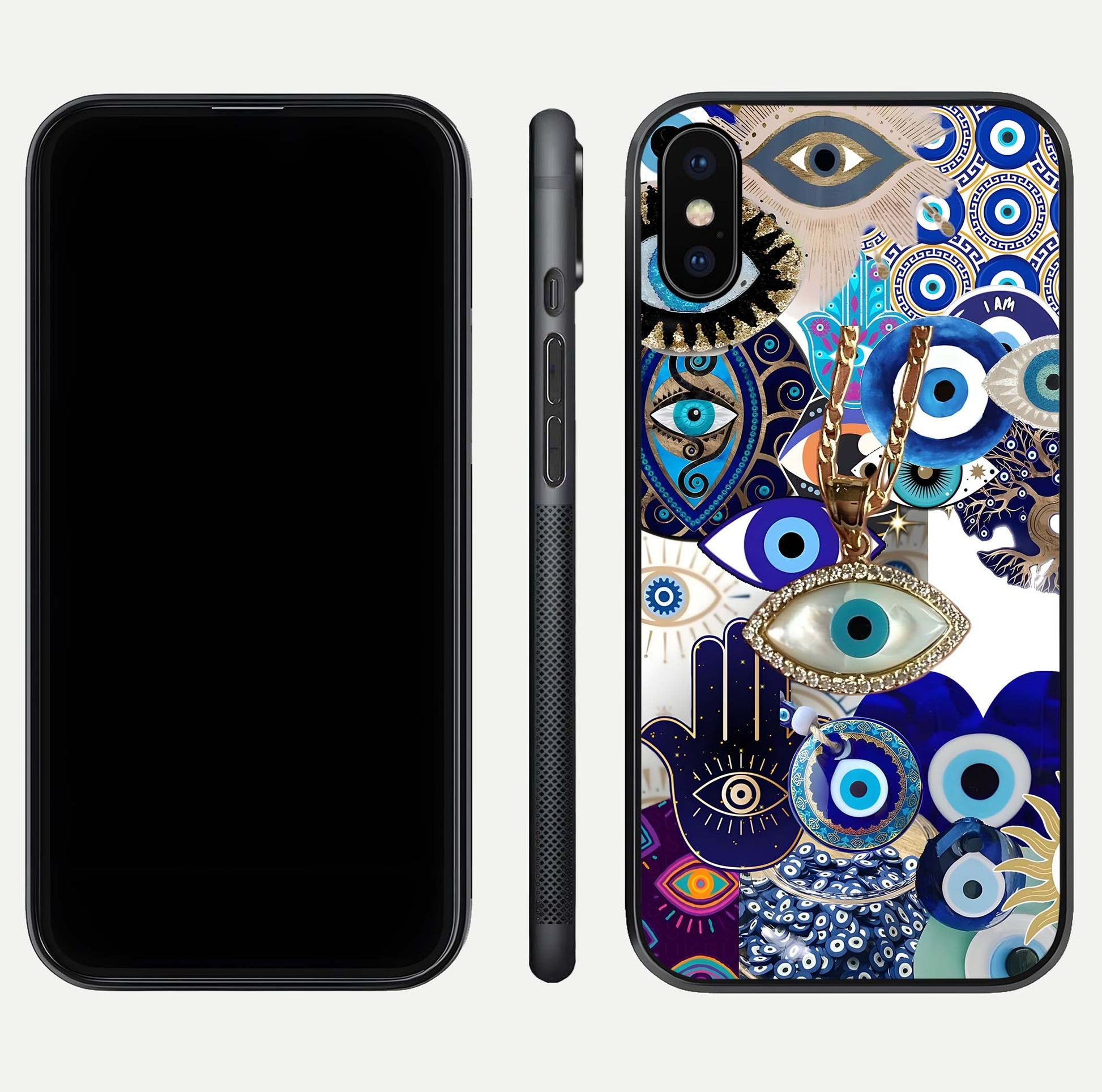 Mystic Charm Eye Glass Case for iPhone X front & back layout highlighting spiritual design and edges