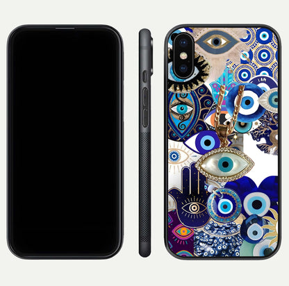 Mystic Charm Eye Glass Case for iPhone X front & back layout highlighting spiritual design and edges