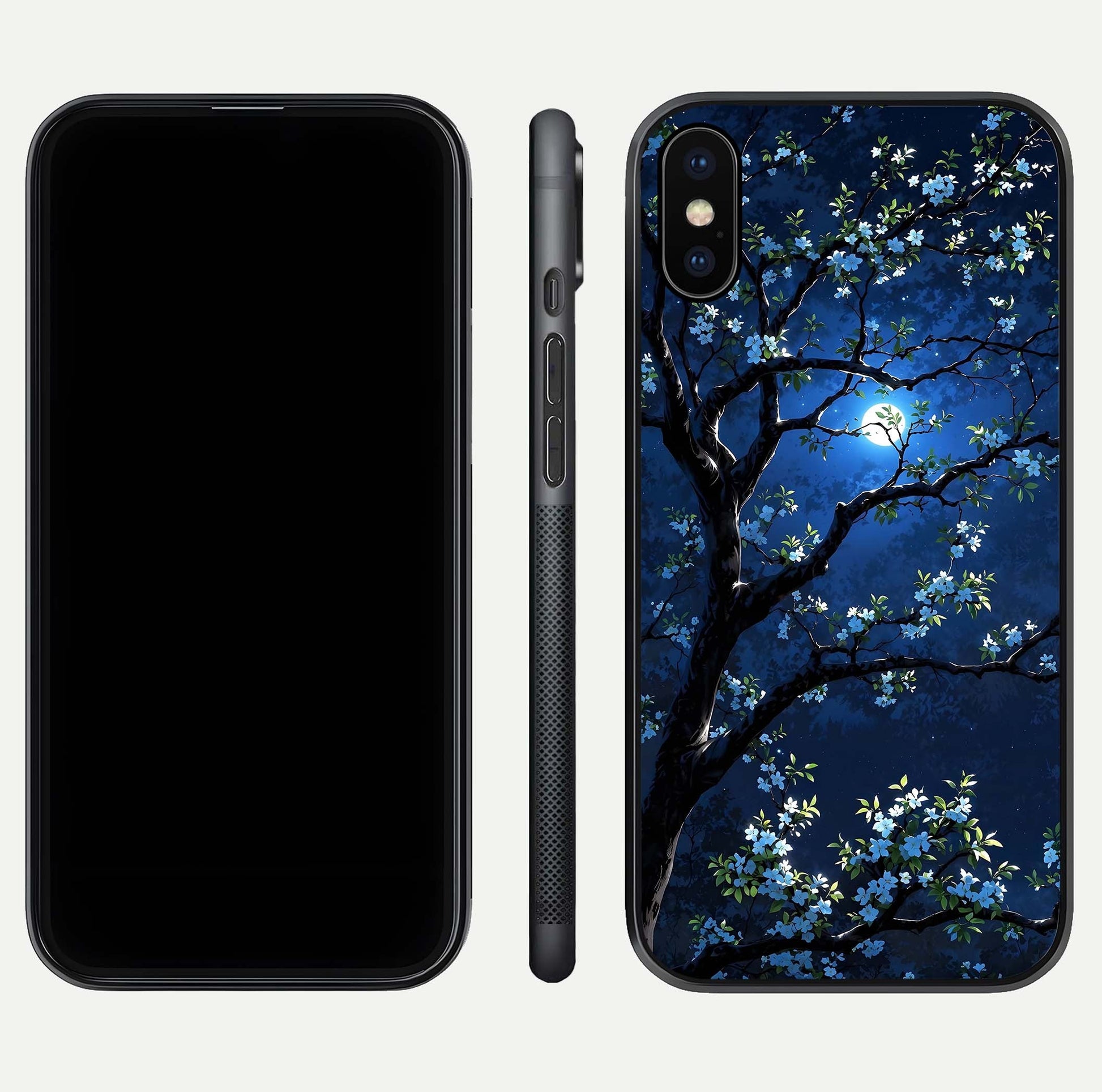 Mystic Floral Night Glass Case for iPhone X front & back layout showing elegant floral art and smooth edges