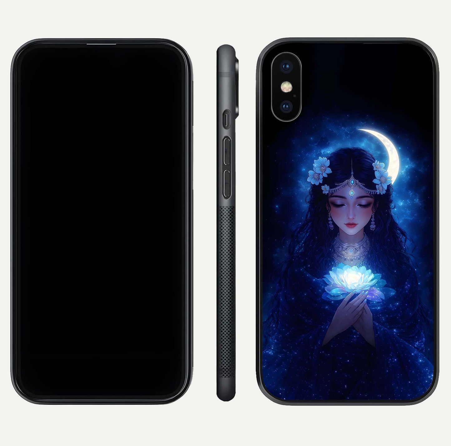 Mystic Moon Queen Glass Case for iPhone X front & back layout highlighting divine illustration and edges