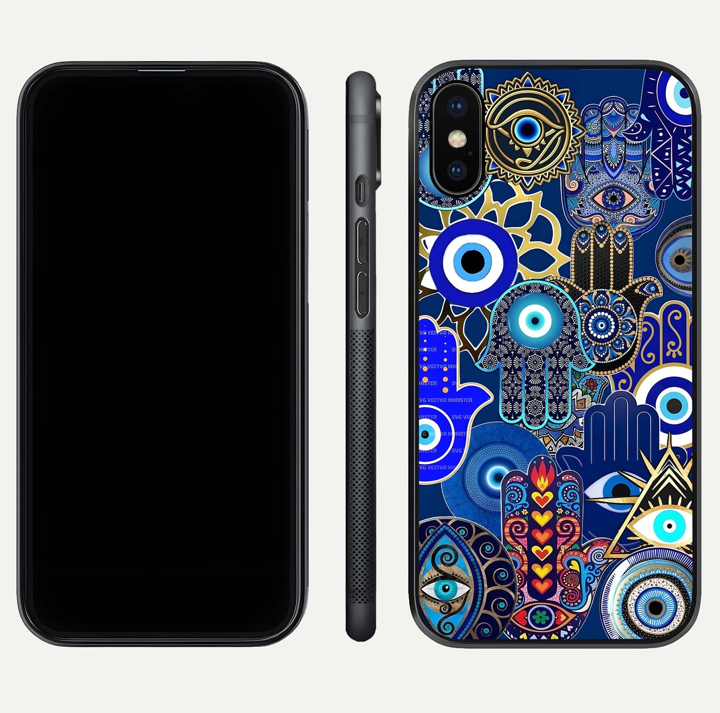 Mystic Palm Guard Glass Case for iPhone X front & back layout highlighting spiritual art and edge finish