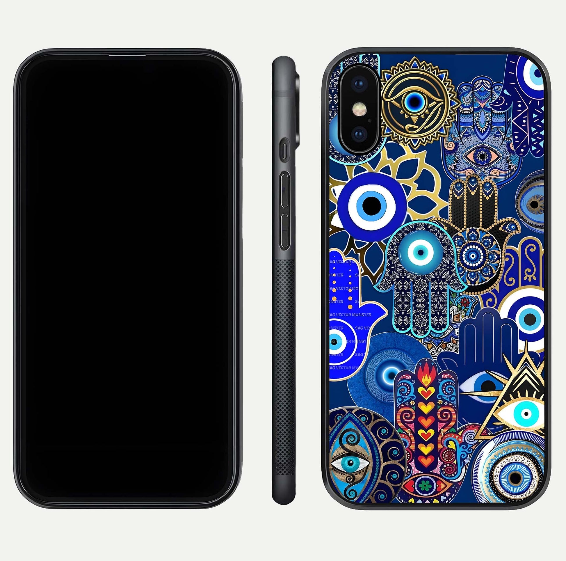 Mystic Palm Guard Glass Case for iPhone X front & back layout highlighting spiritual art and edge finish