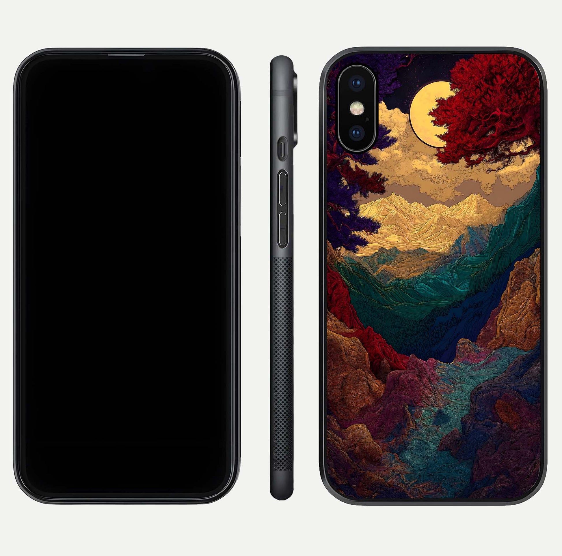 Mystic Valley Light Glass Case for iPhone X front & back layout displaying landscape tones and edges