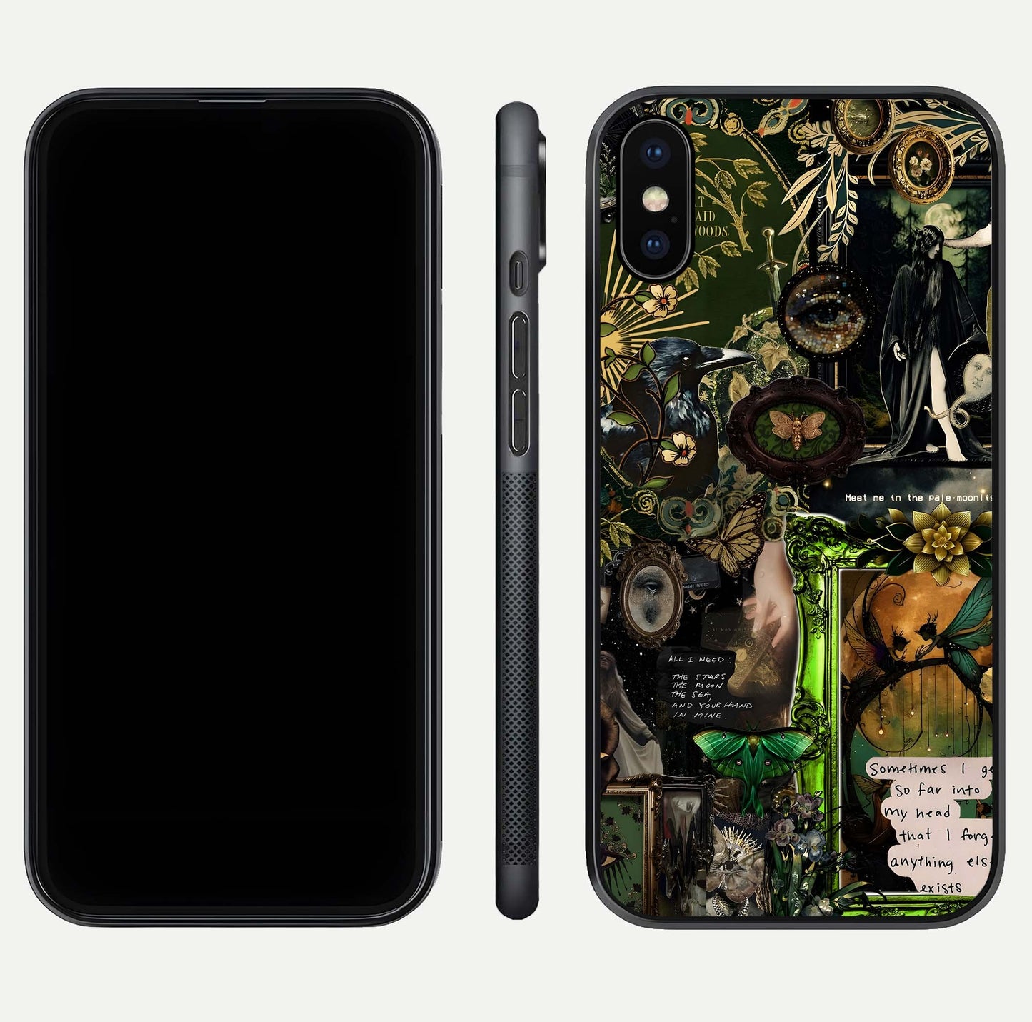 Mystic Woods Secret Glass Case for iPhone X front & back layout showing nature theme and smooth edges