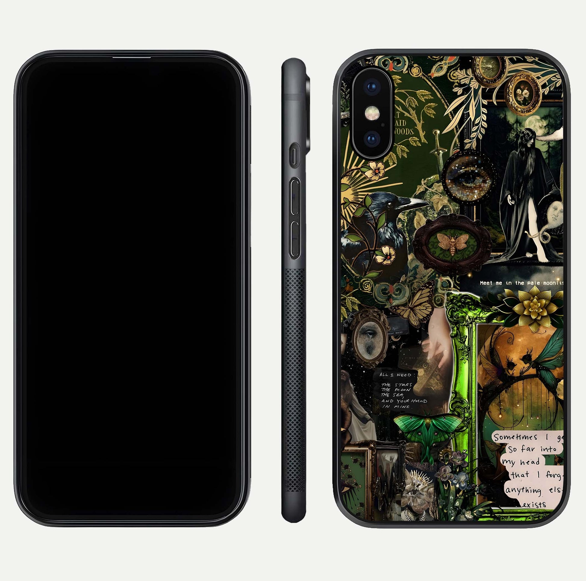 Mystic Woods Secret Glass Case for iPhone X front & back layout showing nature theme and smooth edges