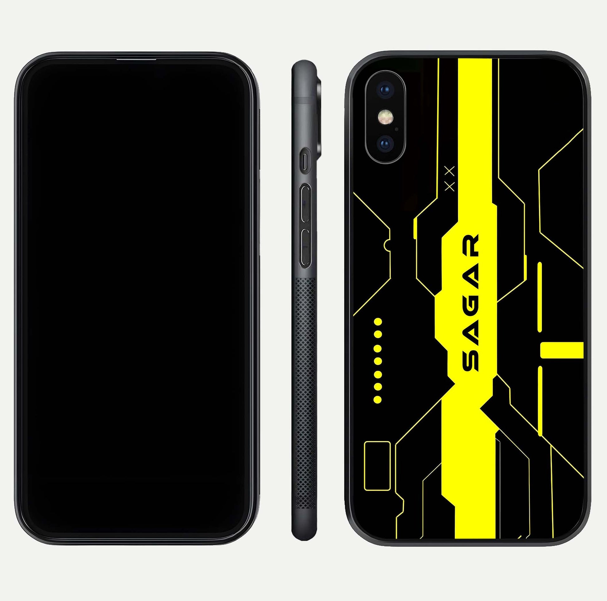 Neon CYBERPUNK Custom Name Glass Case for iPhone X front & back layout showing tech art and custom edge