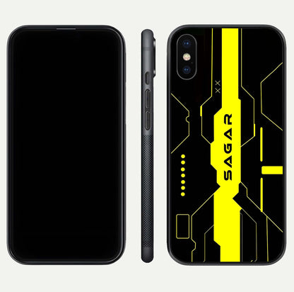 Neon CYBERPUNK Custom Name Glass Case for iPhone X front & back layout showing tech art and custom edge