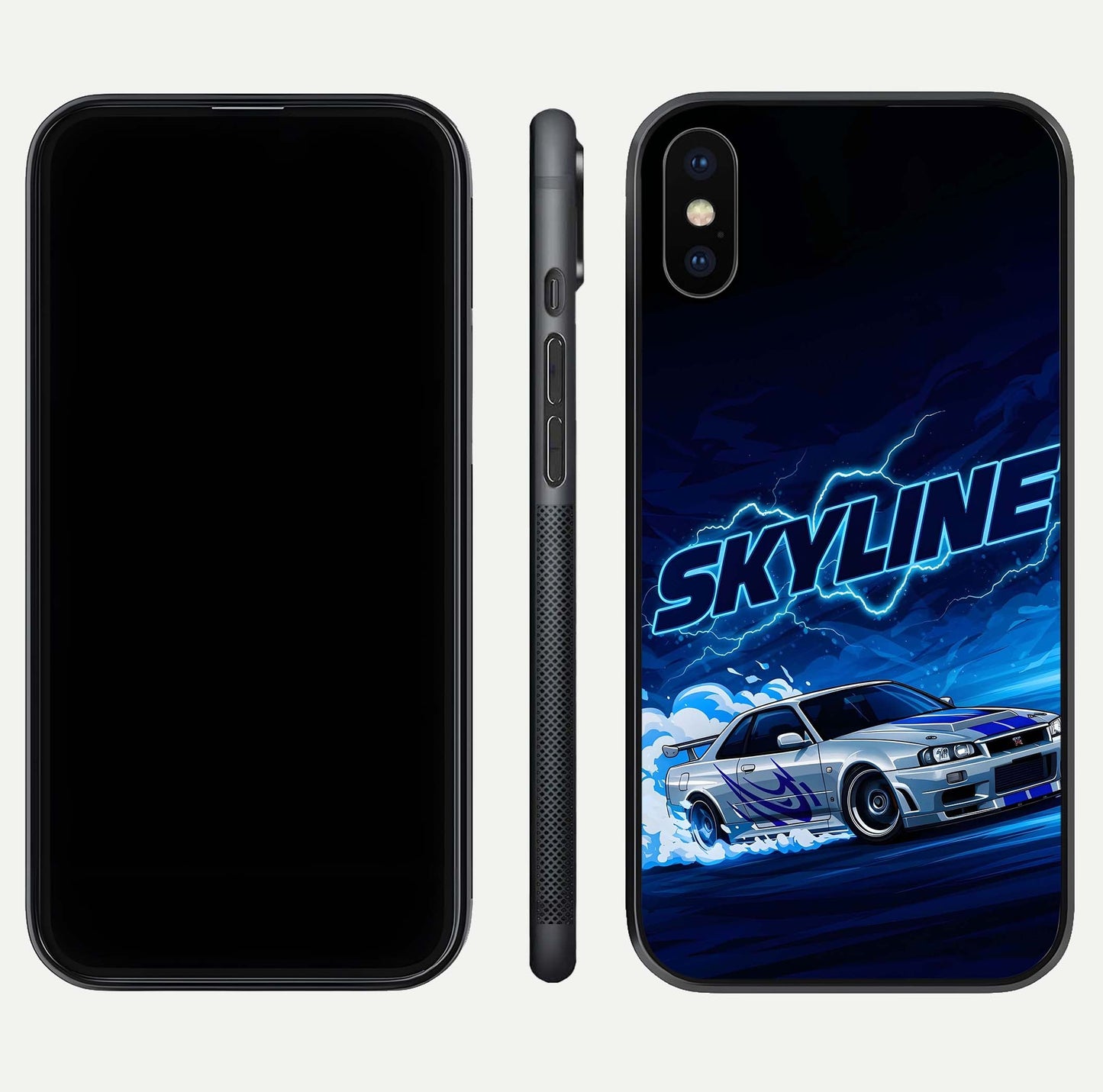 Neon Drift Beast Glass Case for iPhone X front & back layout showing car silhouette and edge design