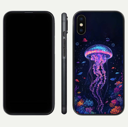 Neon Jellyfish Glass Case for iPhone X front & back layout highlighting HD marine art and curved edges