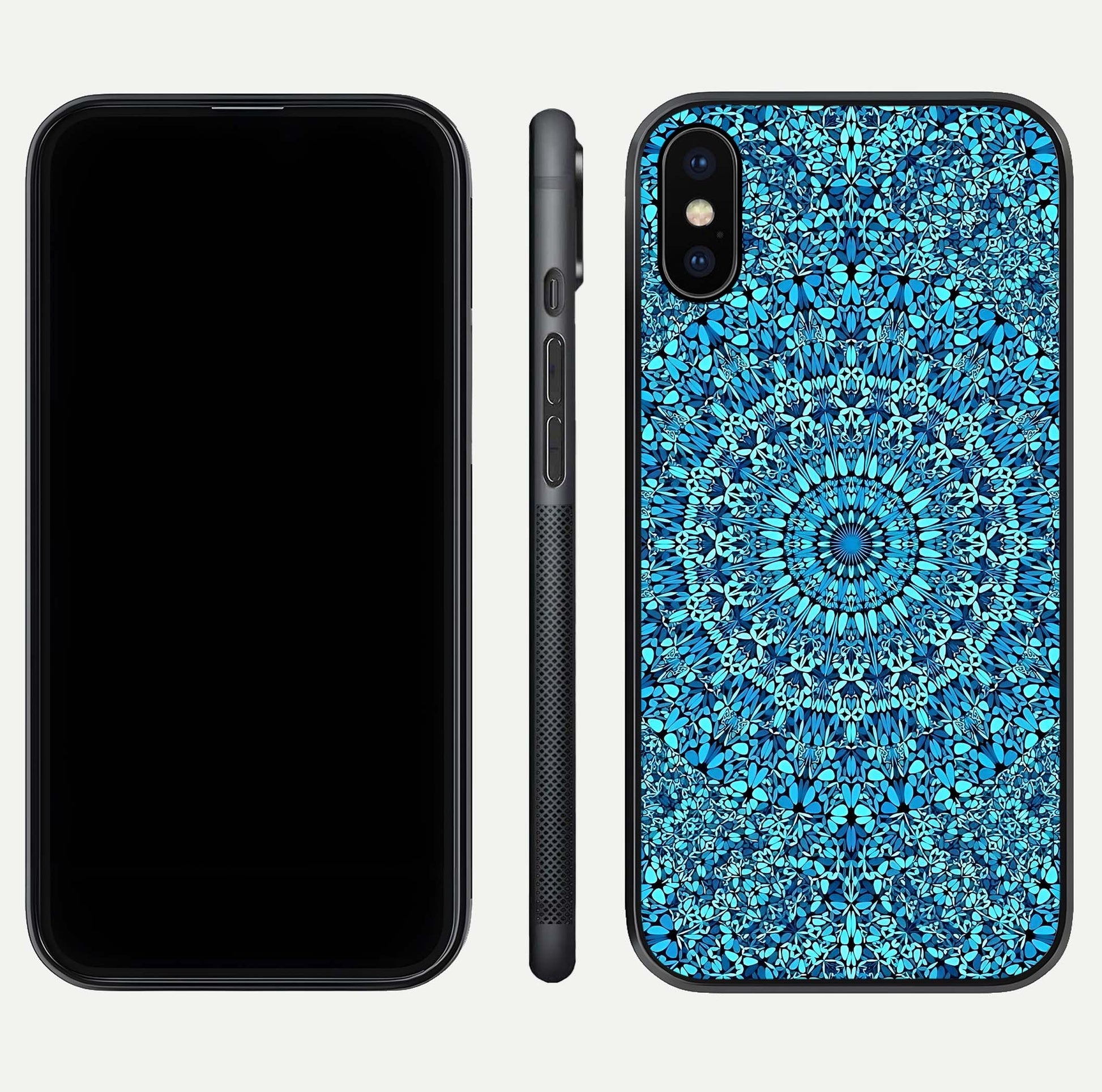 Ocean Bloom Mandala Glass Case for iPhone X front & back layout showing ocean tone design and edges