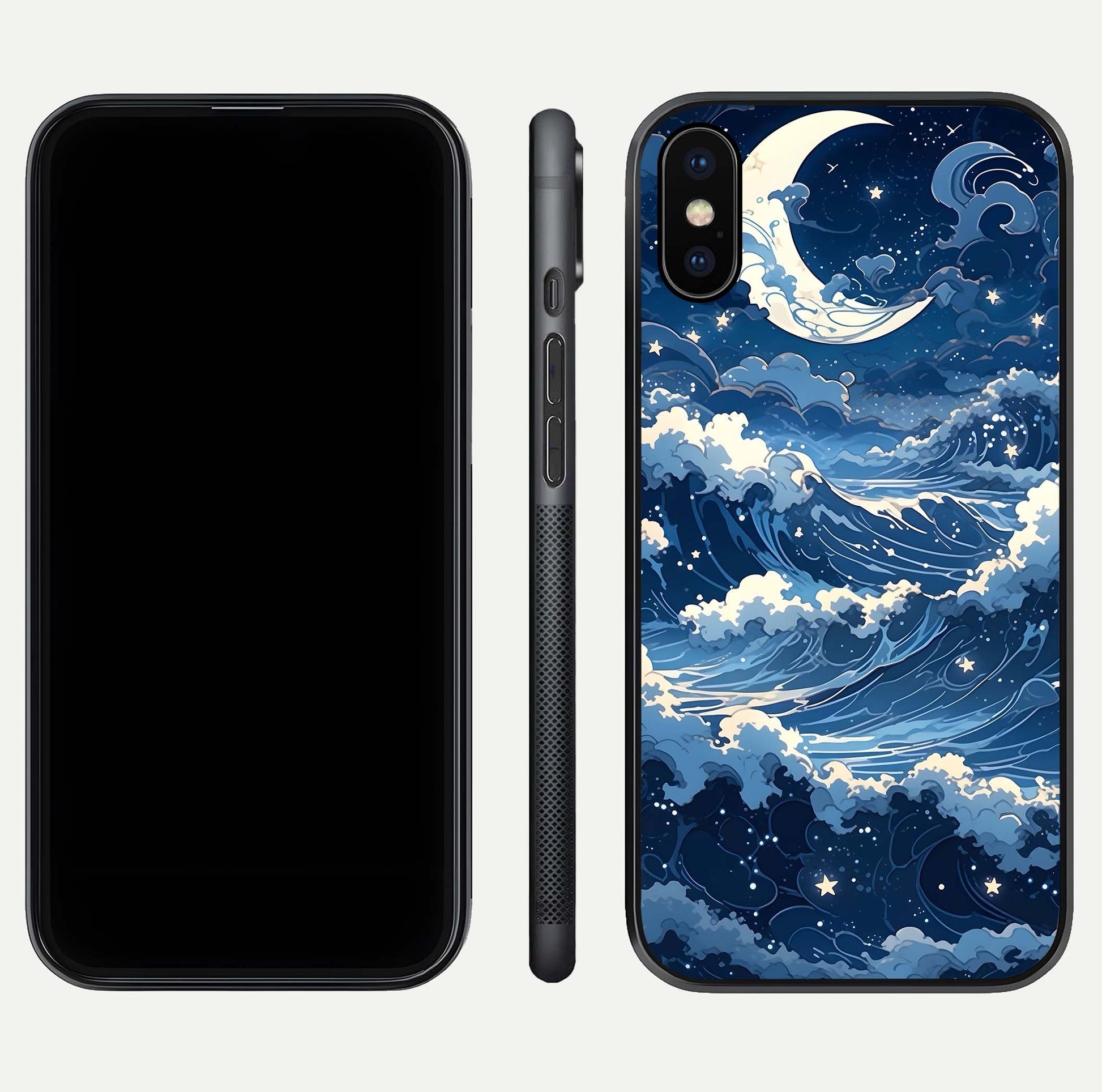 Ocean Moon Waves Glass Case for iPhone X front & back layout highlighting water flow and smooth edges