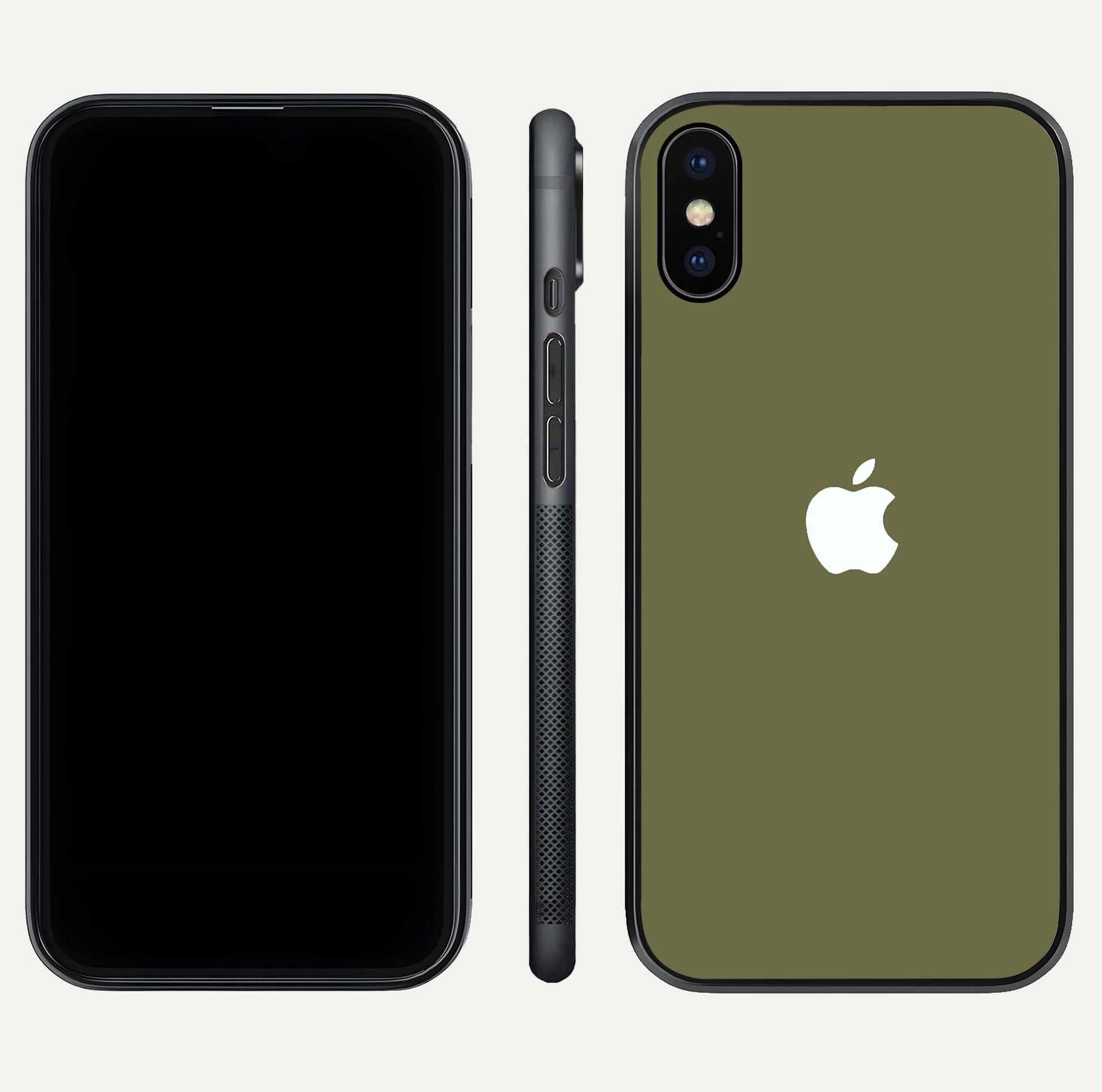 Olive Matte Essence Glass Case for iPhone X front & back layout highlighting simple design and clean edges