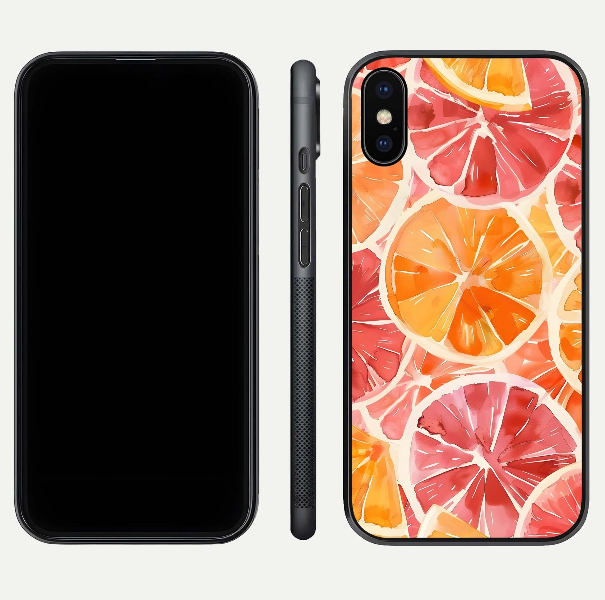 Orange Fruits Pattern Glass Case for iPhone X front & back layout highlighting bright colors and clean edges
