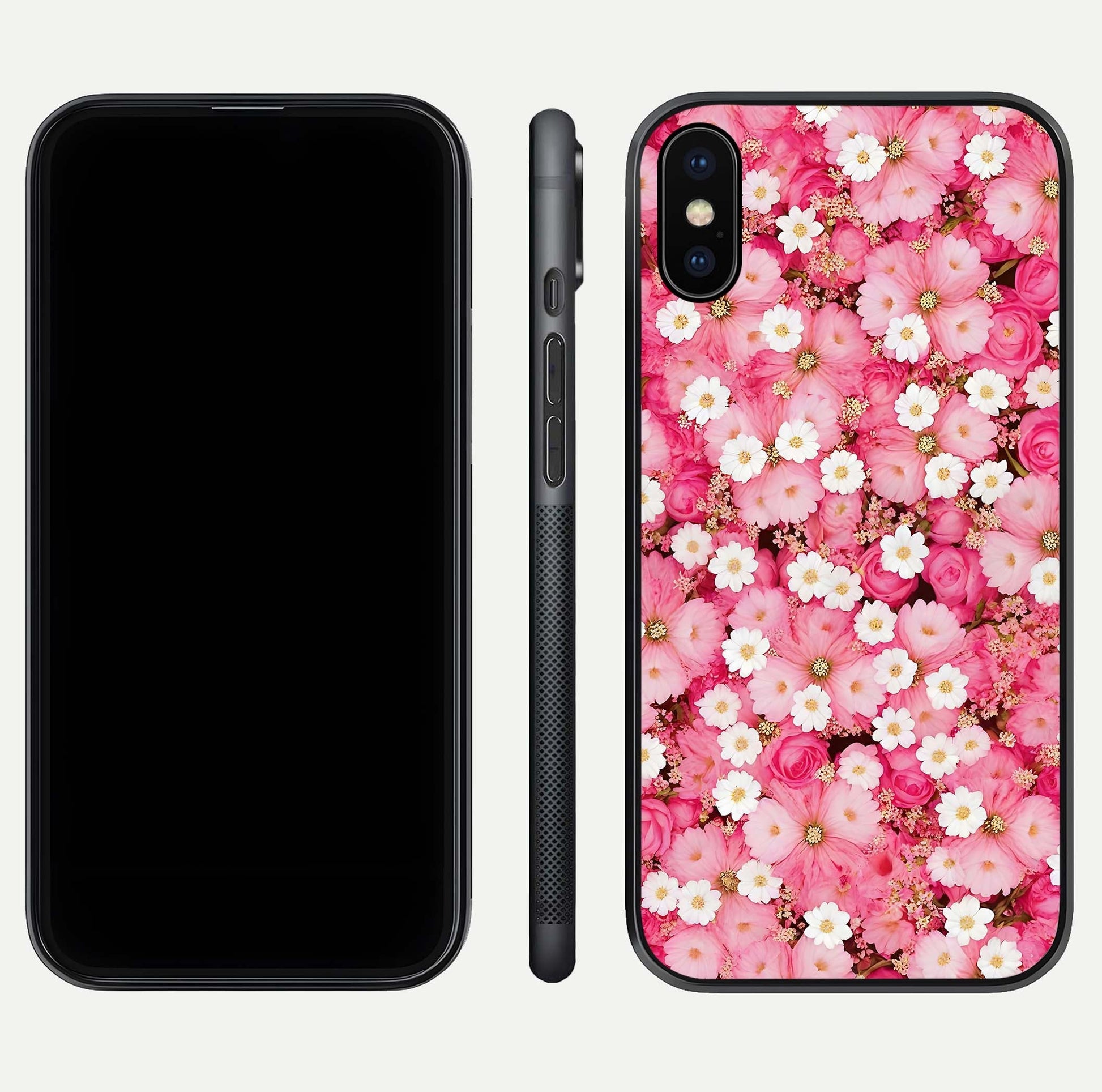 Pink Daisy Bliss Glass Case for iPhone X front & back layout showing HD floral tones and edge finish