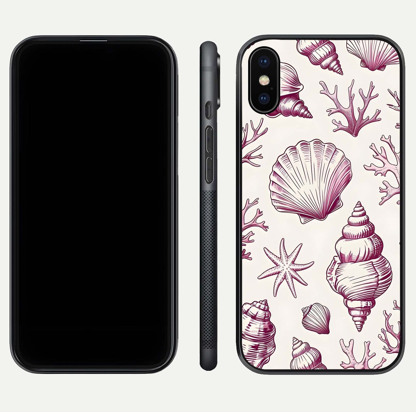 Pink Shells Outline Glass Case for iPhone X front & back layout showing soft pastel tones and edge design