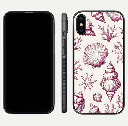 Pink Shells Outline Glass Case for iPhone X front & back layout showing soft pastel tones and edge design