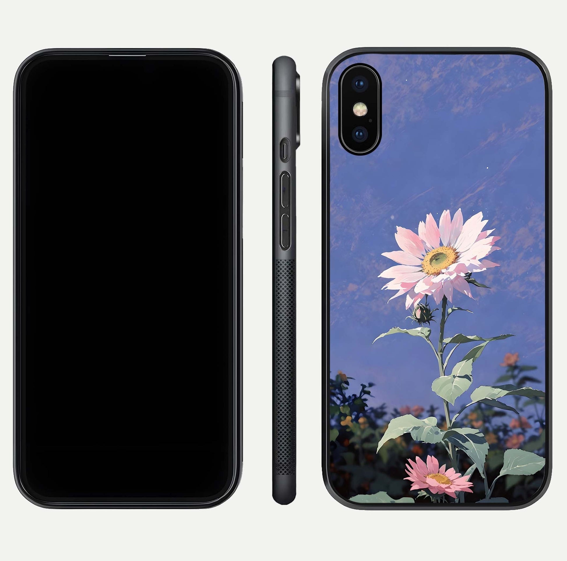 Pink Sunflower Glow Glass Case for iPhone X front & back layout showing HD tones and bright finish