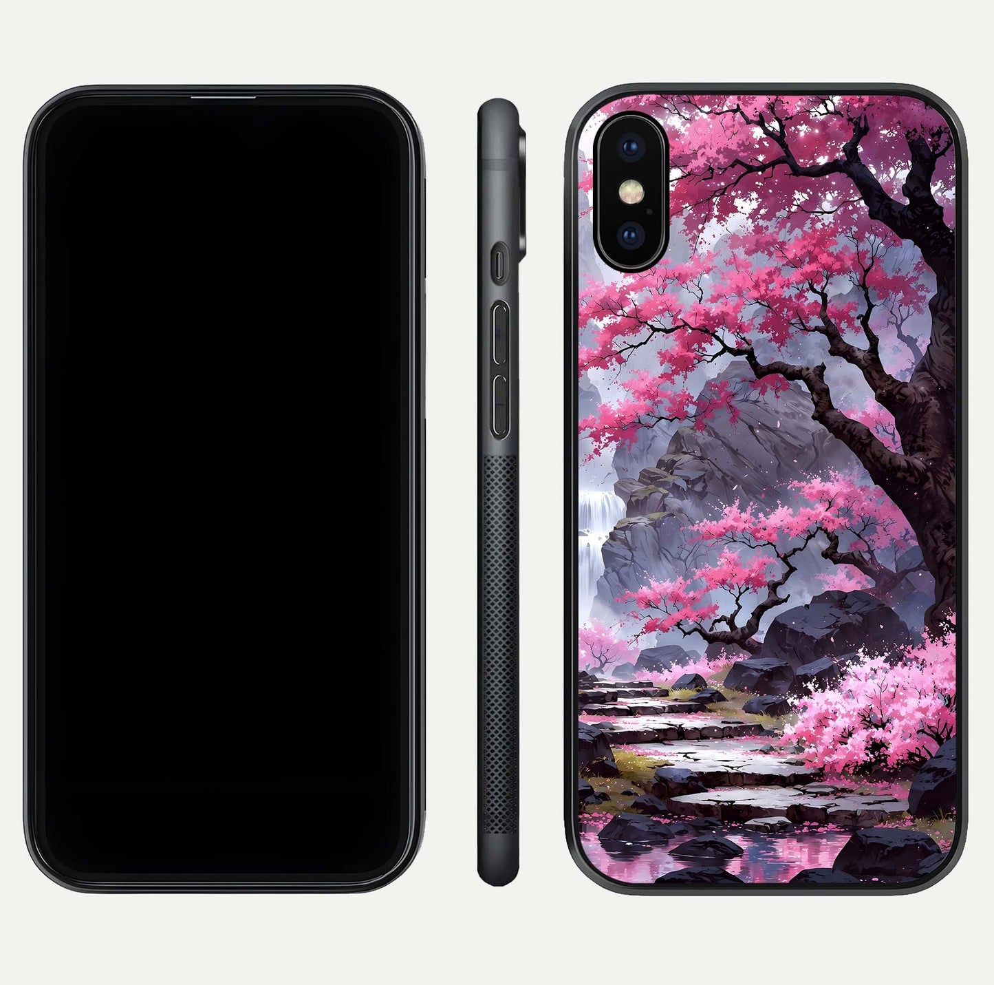 Pinkish Scenery Glass Case for iPhone X front & back layout showing landscape art and curved edge finish