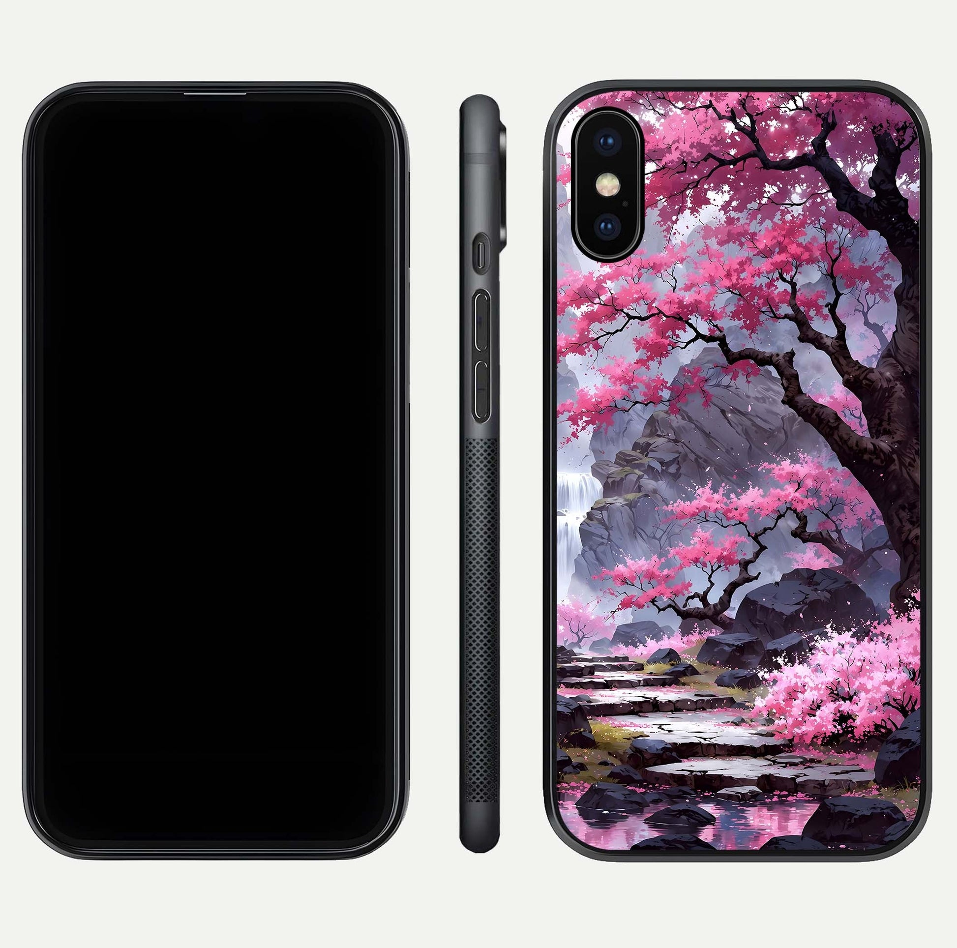 Pinkish Scenery Glass Case for iPhone X front & back layout showing landscape art and curved edge finish