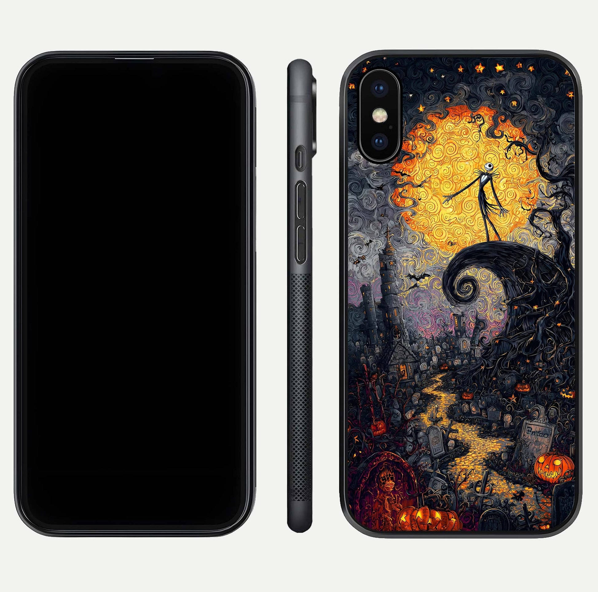 Pumpkin Moon Night Glass Case for iPhone X front & back layout highlighting festive tones and smooth edges