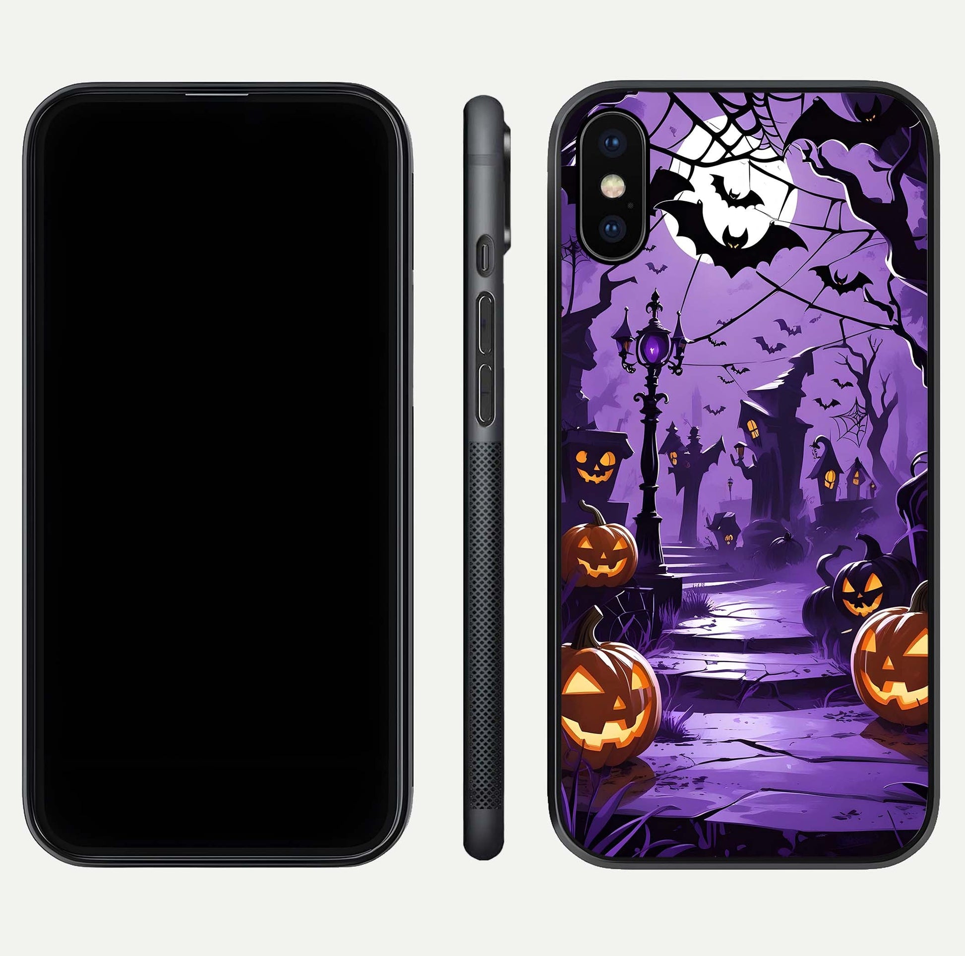 Pumpkin Patch Halloween Glass Case for iPhone X front & back layout showing festive Halloween print