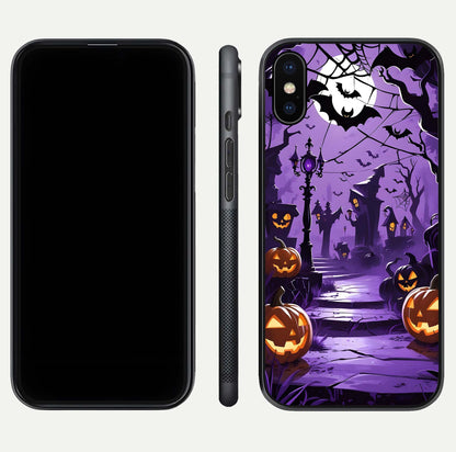 Pumpkin Patch Halloween Glass Case for iPhone X front & back layout showing festive Halloween print