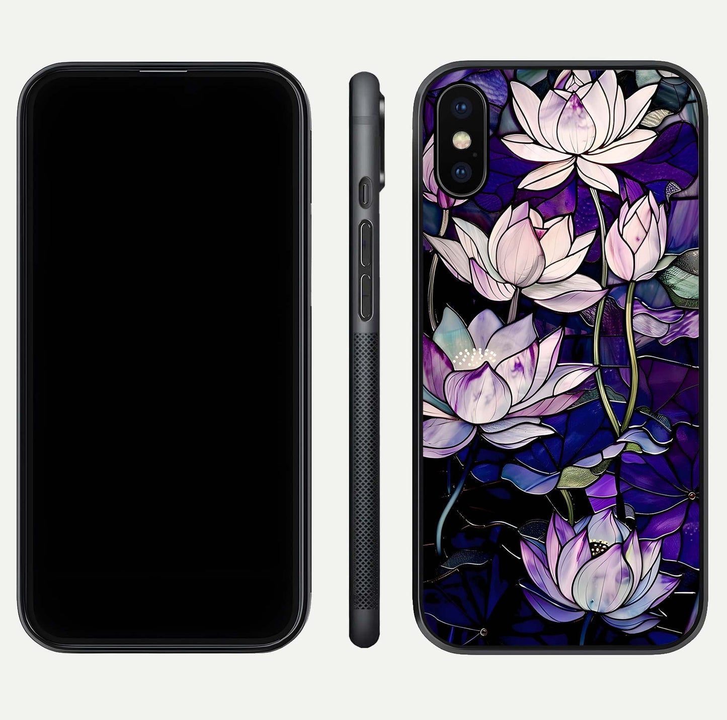 Purple Lotus Pattern Glass Case for iPhone X front & back layout highlighting floral tones and soft edges
